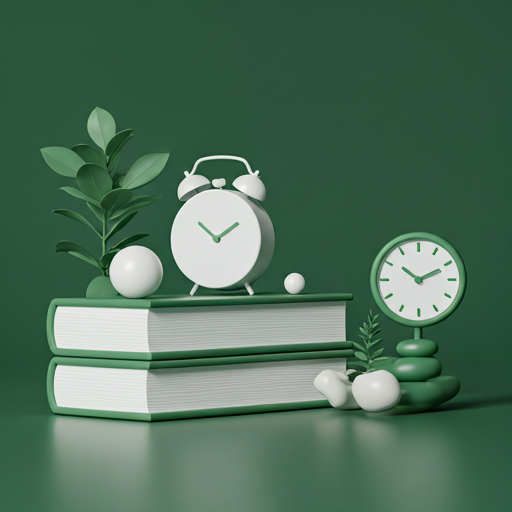 3D stylized composition of automated workflow elements like books and clocks in green and white